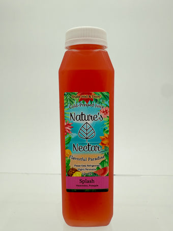A bottle of Nature's Nectar Splash cold-pressed juice with a white cap, featuring a colorful tropical label, set against a plain light gray background.